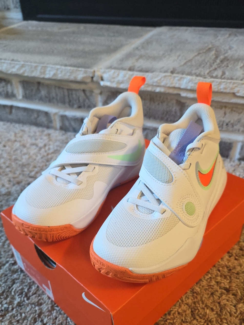 Nike Kids White Sneakers with Neon Orange & Lime Swoosh Size 1 Youth